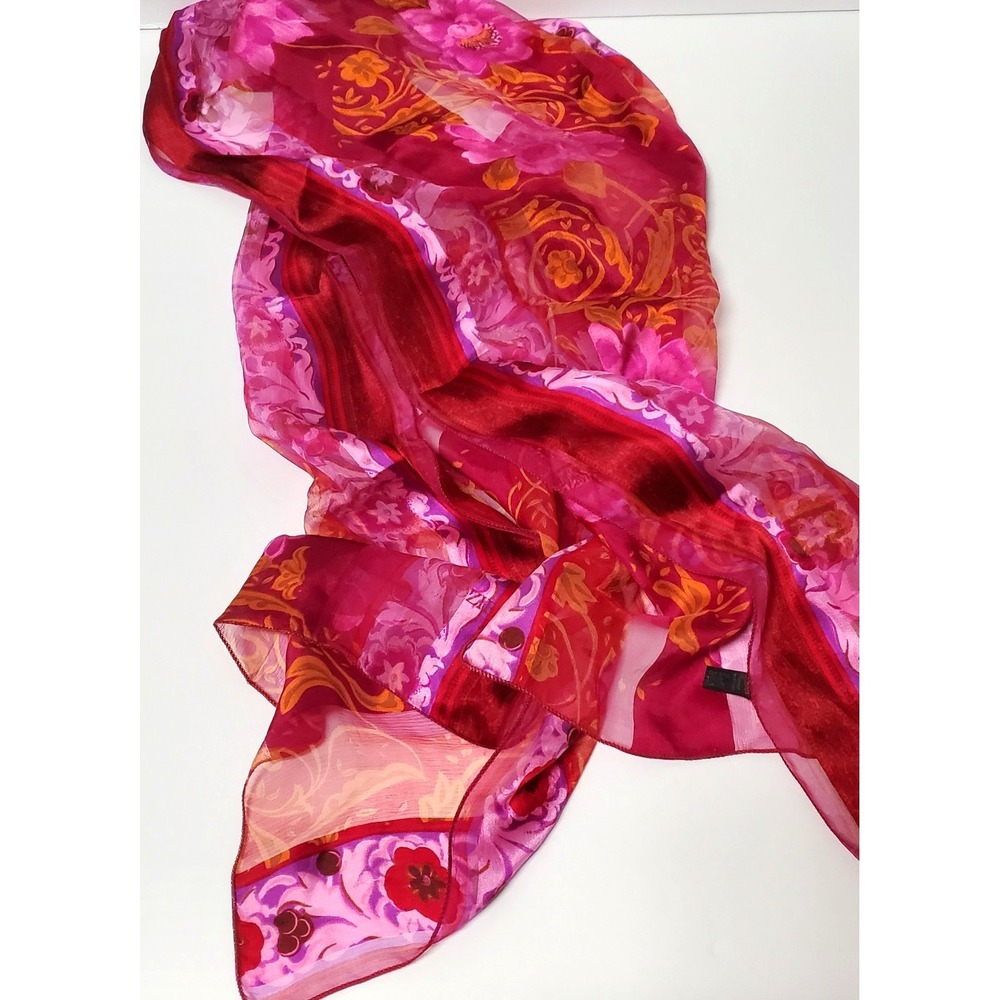 Marc Rozier Paris Silk Scarf France Gorgeous Floral Stripe Pink/Red/Orang/Brown